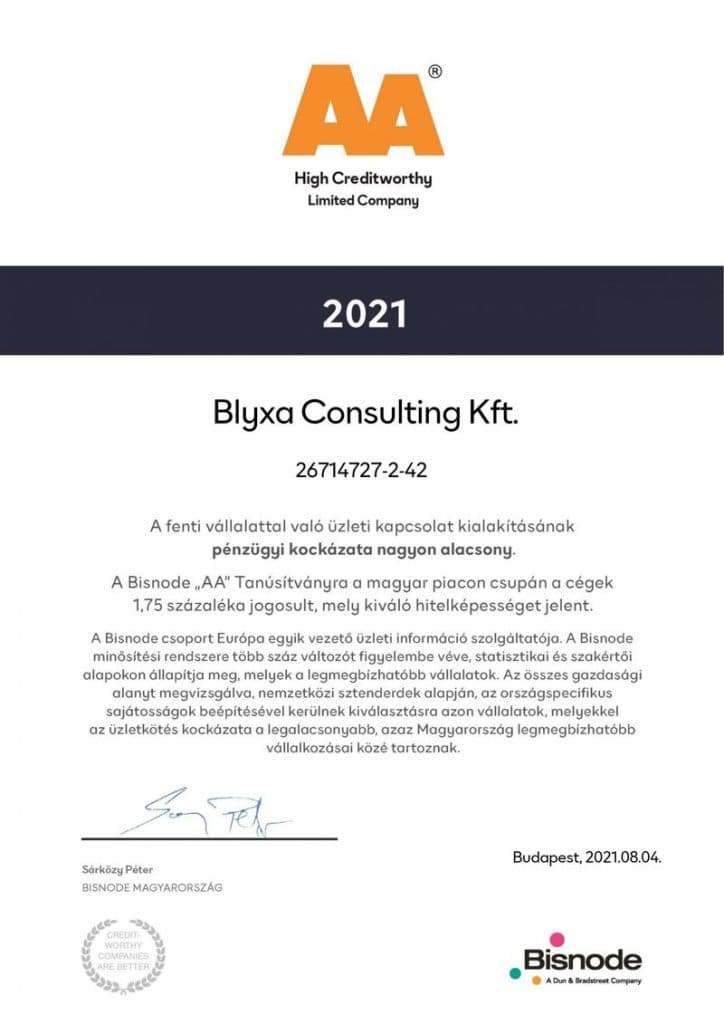 A Blyxa Consulting Kft. AA minősítésű tanúsítványa
